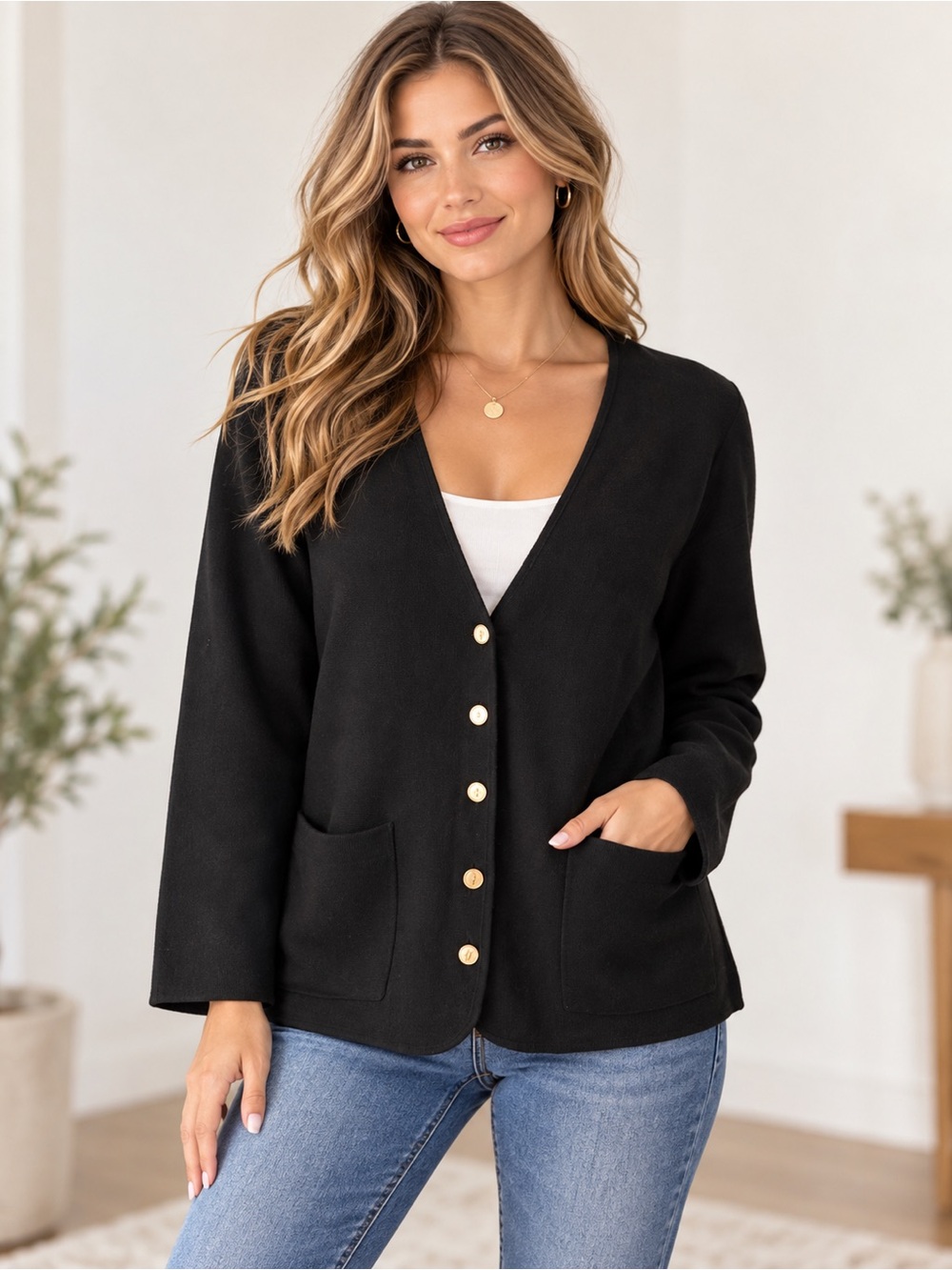J. Crew Black V-Neck Cardigan Jacket with Gold Buttons and pockets wool blend L